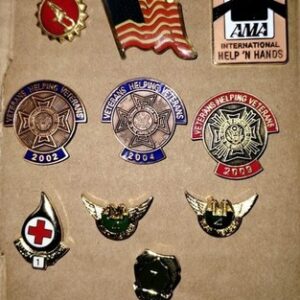 A Lot Of 10 Pins Including US Army, VFW, Red Cross, American Motorcycle Assc.