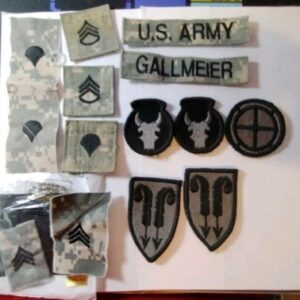 Lot of 13 US Army ACU Patches for Various Units, name tapes and rank used & new